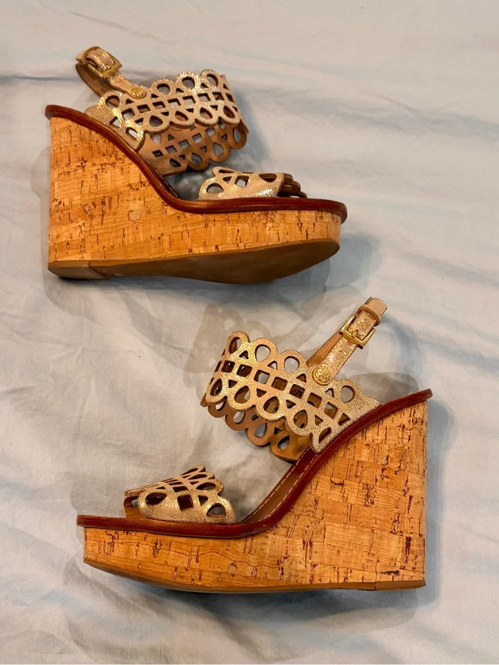 Tory Burch Gold Laser-Cut Cork Wedge Sandals